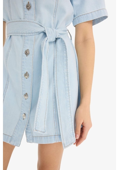 DeFacto Polo Yaka Düğmeli Kuşaklı Kısa Kollu Mini Jean Elbise E1287AX25SMNM39