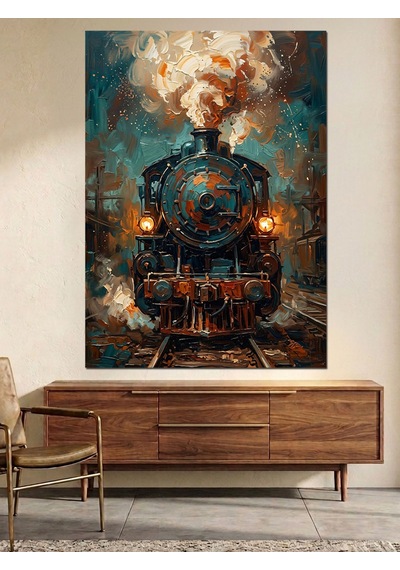 Buharlı Eski Tren Gece Ve Işıklı Dekoratif Kanvas - Mdf Ahşap Tablo Çok Renkli