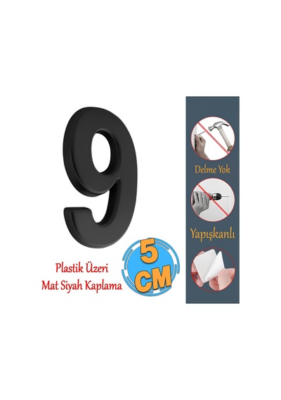 Lexroo Yapışkanlı Kapı Numarası Küçük Boy 50 Mm 5 Cm Numara 9 Rakam Dokuz Sayı Siyah Renk Numaralar Standart