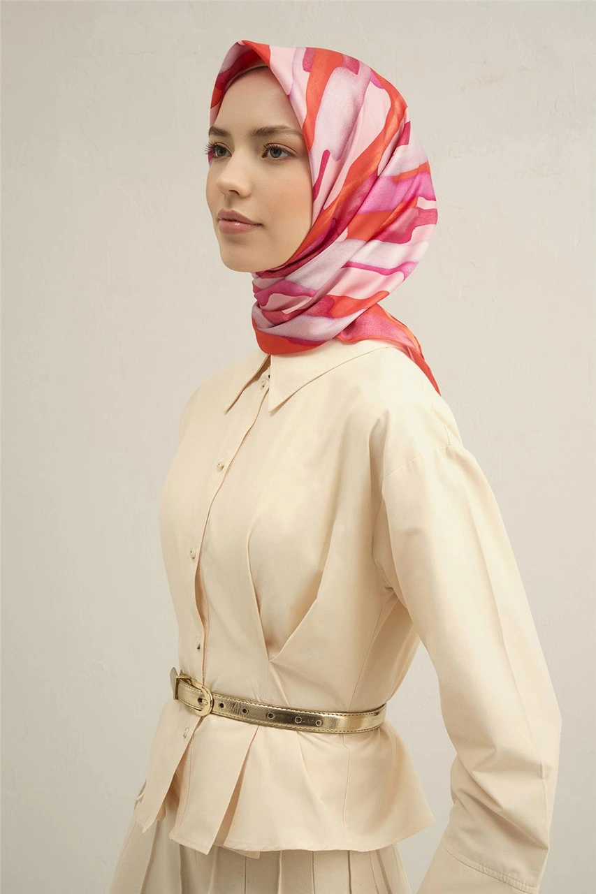 Armine Soyut Desenli Saf İpek Twill Eşarp 9306d 53 Pembe