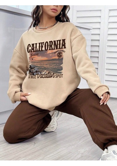 Hırsch Kadın Bej California Seaside Baskılı Oversize Alt Üst Eşofman Takımı Vizon