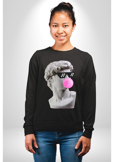 Gözlüklü David'in Kafasının Alçı Heykeli Unisex Siyah Sweatshirt Siyah