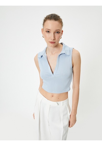 Koton Crop Atlet Polo Yaka Fitilli Modal Karışımlı Standart Kesim Mavi 4sak10256ek Mavi