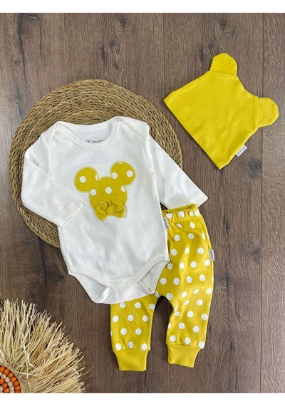 Bebicix Puantiyeli Fiyonklu Bereli Alttan Çıtçıtlı Kız Bebek Takım Sarı