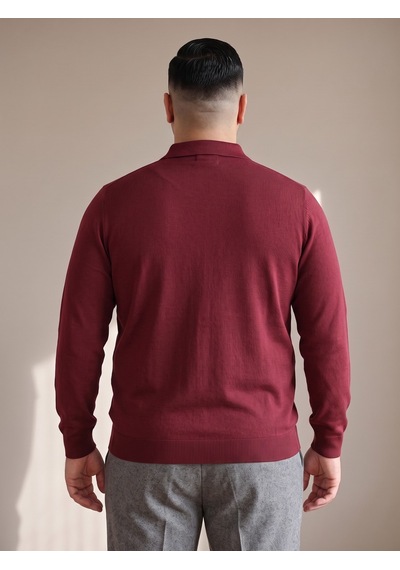 Maccali Erkek Bordo Büyük Beden Düz Fermuarlı Polo Yaka Triko Kazak