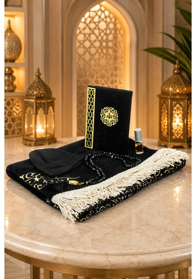 Gelin Damat Kadife Kaplı Kuranı Kerim Seccade Tesbih Takke Namaz Örtüsü Esans Ve Kutulu İslami Hediye Seti - Siyah Pembe