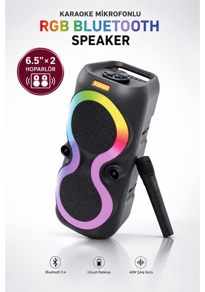 Taşınabilir Mikrofonlu 40w Led Işıklı Bluetooth Hoparlör Seti