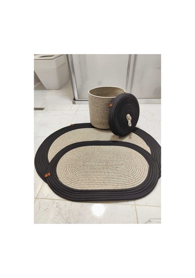 Jüt Hasır 3 Lü Banyo Paspas Takımı Bohem Tarzı Banyo Takımı Paspas:50x80/ 40x60 /sepet/25x25 Taş Siyah Taş Siyah