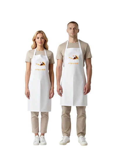 Unisex Mutfak Önlüğü İtalyan Pizza Baskılı Rahat Kesim Boyundan A Beyaz