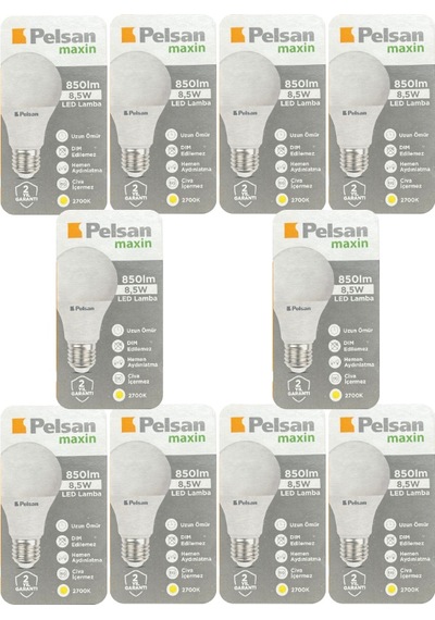 10 Adet Pelsan 8,5w 2700k Sarı Işık E27 Duylu Kalın Duy Led Ampul