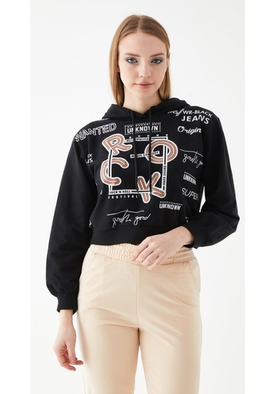 Siyah Baskılı Kapüşonlu Sweatshirt-l Siyah