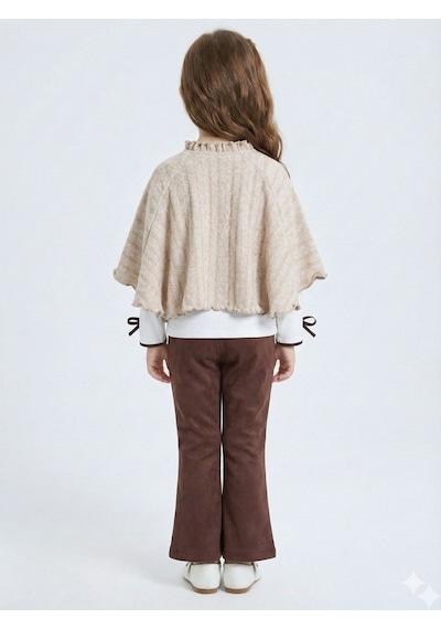 Xo Kids Pelerin Detaylı Kız Çocuk 3lü Alt Üst Takım 4-10 Yaş 4406 Ekru