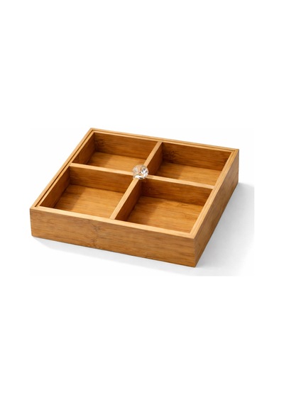 4 Bölmeli Ahşap Organizer,çerezlik,lokumluk,kahvaltılık,çay Poşeti,takı Kutusu,20x20 Cm,kulplu Kutu Bej