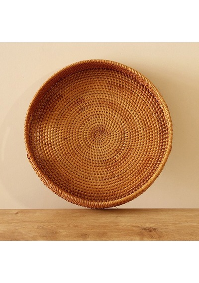 Bohem Rattan Kulplu Yuvarlak Tepsi 35x6 Cm Large, Iskandinav, Modern
