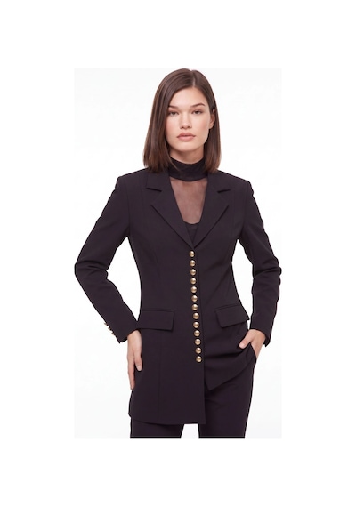 CEMO Gold Düğme Detaylı Uzun Blazer Ceket Siyah