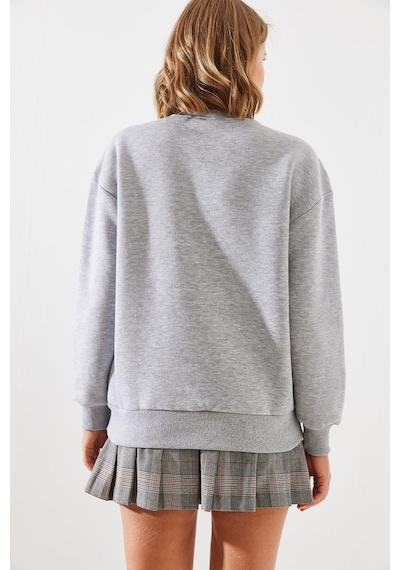 Shade Kadın Üç İplik Şardonlu Renkli Kalp Baskılı Sweatshirt Mbhs007 60601007 - Gri Melanj