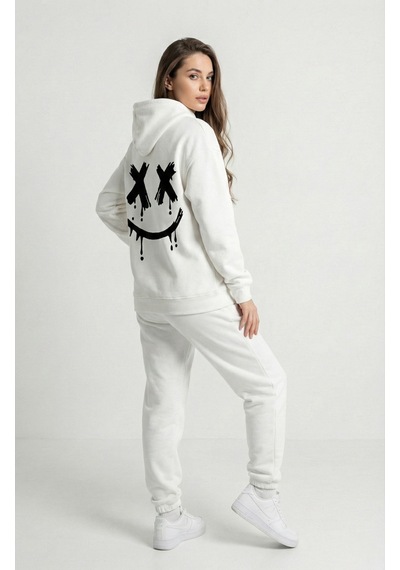 Nevermind Unisex Smile Baskılı Sevgili Kombini Oversize Hoodie Seti Beyaz