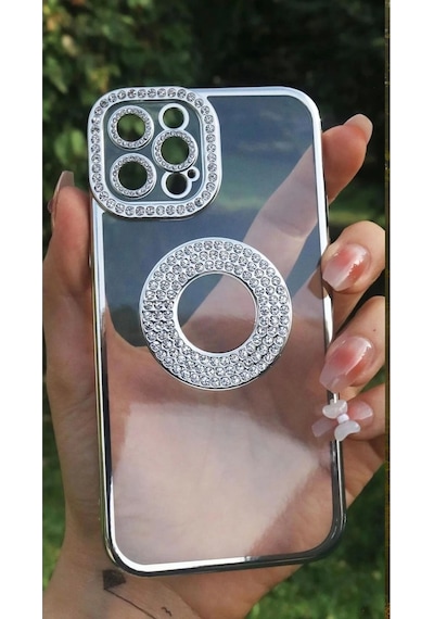 Apple Uyumlu iPhone 13 Pro Kılıf Kamera Korumalı Taş Süslemeli Arkası Şeffaf Redclick Asya Kapak - Gümüş