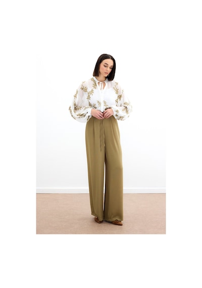 Sateen Nakışlı Şifon Gömlek - Haki-136181 Haki