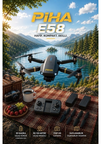 Piha E58 DRONE Yeni Fırçasız Motor 2 Batarya İle 30 DK Uçuş Süresi Hd 720p Çift Kameralı Taşıma Çantalı