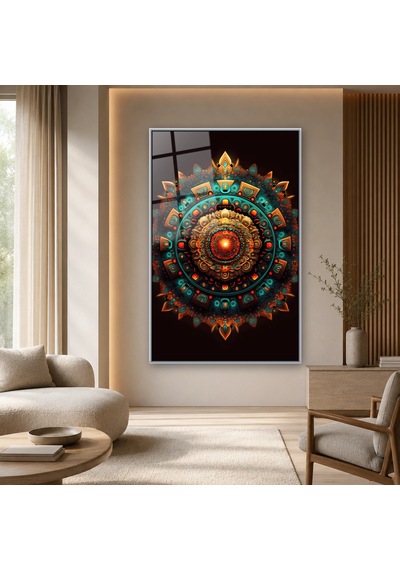 Işıltılı Turkuaz Kabartma Mandala Gümüş Çerçeveli Cam Tablo