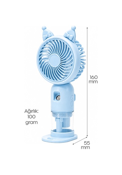 Buhar Üflemeli 3 Modlu Şarjlı El Fanı Seyahat Masaüstü Vantilatör Taşınabilir Mini Fan Mavi F830