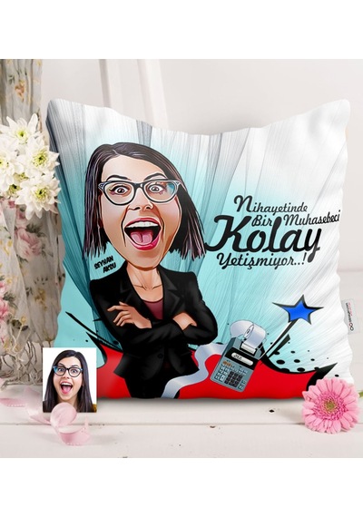 Kişiye Özel Bayan Muhasebeci Karikatürlü Saten Yastık - 2