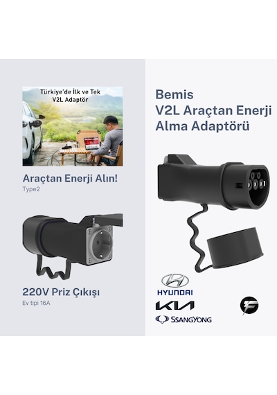 Bemis Tek Çıkışlı V2l Vehicle To Load Elektrikli Araç Uyumlu Adaptör Hyundai / Kia / Ssangyong 16a/3.5kw