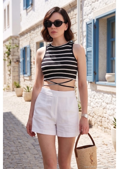 Lela Çizgili Slim Fit Bağlama Detaylı Bayan Crop 5865715 Siyah-Beyaz