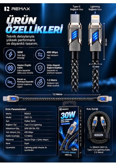 Remax Cb05-cl Bumblebee Serisi 30w Pd Type-c To Lightning Led Işıklı Çinko Alaşımlı Örgülü Hızlı Şarj Ve Data Kablosu 1.2 Metre Siyah