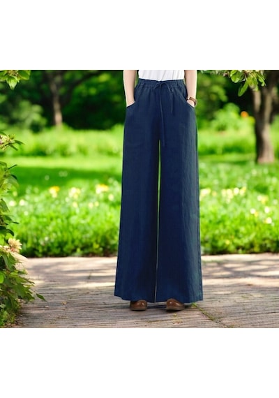 Günlük Beli Bağcıklı Şık Keten Pantolon Lacivert