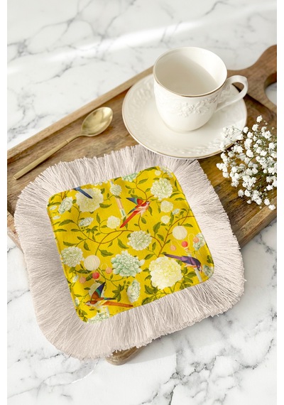 Çiçekli Kuşlu Saçaklı Sunum Peçetesi - Vintage Bahar Sarı Naturel Krem Bardak Altlığı Mendil Çok Renkli