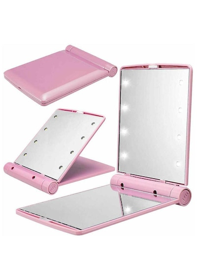 Techtic Katlanır Mini Işıklı Makyaj Aynası Cep Çanta Aynası 8 Led Pilli 23a 12v Pil Dahildir Pembe