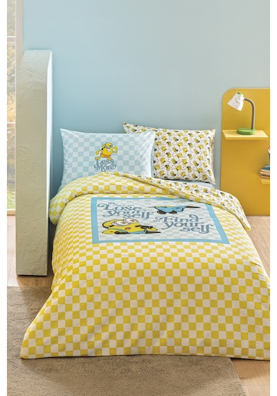 Puffy Minions Gingham %100 Pamuk Tek Kişilik Nevresim Takımı - Sarı