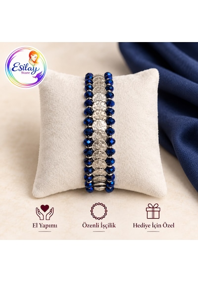 Gece Nakışı El Yapımı Lacivert Boncuklu Gümüş Renk Motifli Bileklik Koyu Mavi
