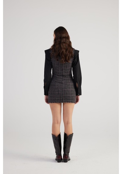 Holly Lolly Metal Düğme Detaylı Mini Tweed Elbise Siyah