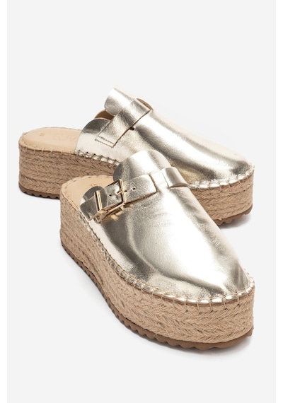 Luvishoes Novas Altın Hakiki Deri Burnu Kapalı Hasır Dolgu Taban Terlik Altın