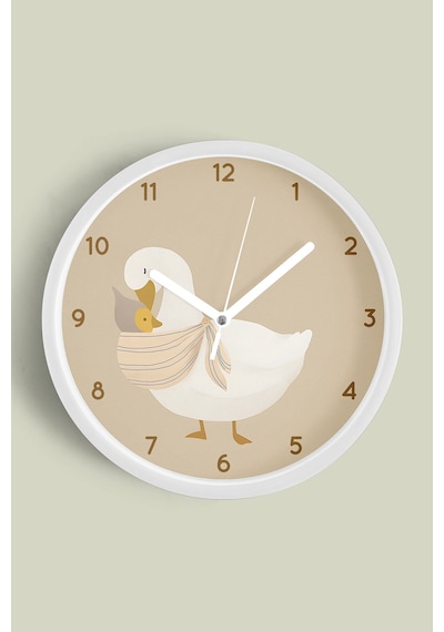 Sevimli Anne - Bebek Kaz Modern Çocuk Odası Duvar Saati - 30cm - Önü Camlı Beyaz Kasa Beyaz