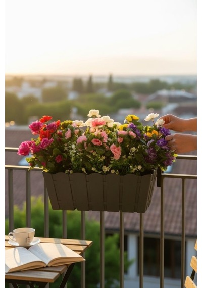 Yapay Çiçek Antrasit Balkon Saksıda Küpeşte Askılı Açelya Çiçeği Karışık Renkli Çiçek Sepeti 50cm Siyah