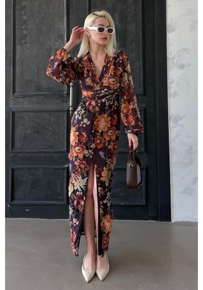 Madmext Kahverengi Çiçekli Düğme Detaylı Kadın Elbise Mg2314 Kahverengi