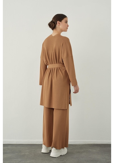 Sherin Camel Düz Yakalı Basic Triko Hırka - Camel