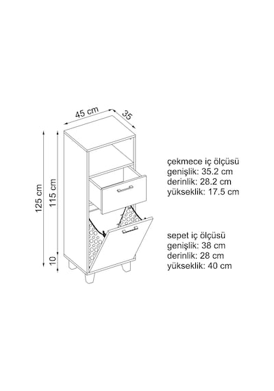 Çamaşır Sepetli Banyo Dolabı, Çok Amaçlı Çekmeceli Dolap 45 Cm Kül Gri