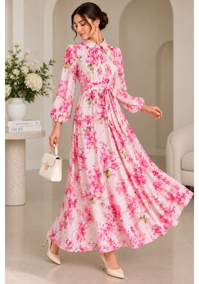 Gas Tekstil Jessica Dokuma Çiçek Baskılı Kuşak Detaylı Elbise Açık Mavi