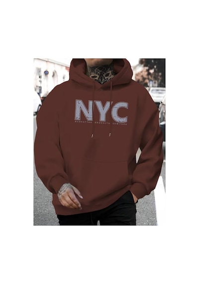 Herkesemoda Nyc Baskı Detaylı Kapüşonlu Sweatshırt Kahverengi