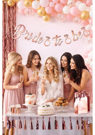Rose Gold Renkli Bride To Be Kaligrafi Yazılı Yüzük Detaylı Bekarlığa Veda Partisi Konsept Banner Tüm Yaşlar