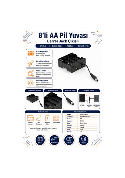 8'li Aa Pil Yuvası - Barrel Jack Çıkışlı