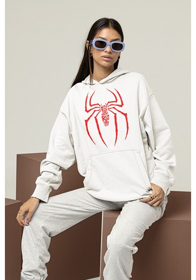 Sevbano Spider-man Logo Baskılı Unisex Oversize Örümcek Adam Hoodie Beyaz