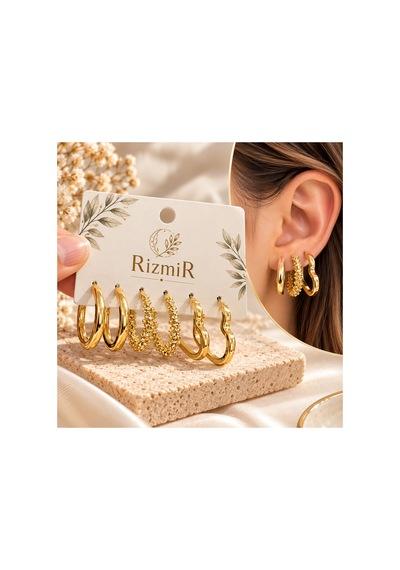 Gold 3'lü Halka Küpe Seti Kadın Küpe Altın