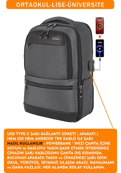 Körüklü Gri Okul Sırt Çantası Lise Üniversite Unisex Su Geçirmez Kumaş 14"-15,6" İnç Gri