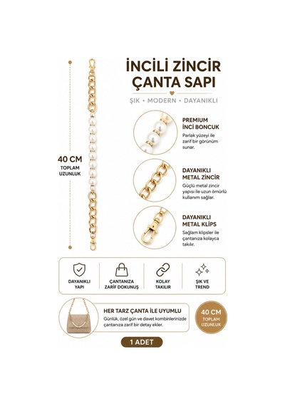 Vollen Yarn İnci Boncuklu Çanta Sapı 40 Cm 1 Adet Metal Klipsli Çanta Askısı Çanta Aksesuarı 4